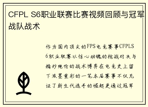 CFPL S6职业联赛比赛视频回顾与冠军战队战术