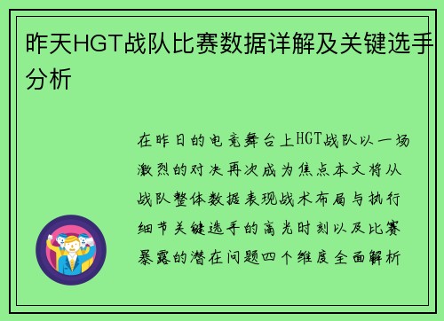 昨天HGT战队比赛数据详解及关键选手分析